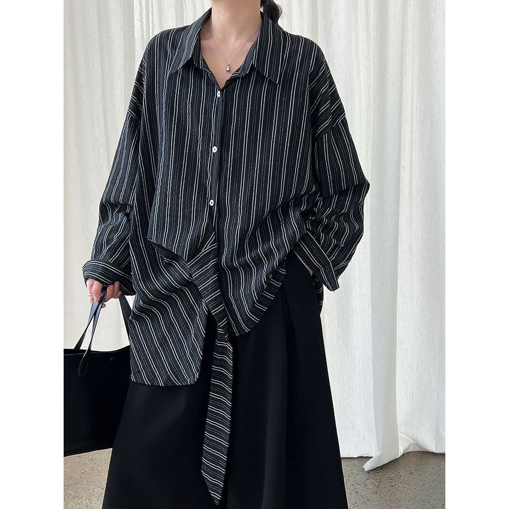 Niche texture striped strap waist shirt 25 autumn Korean irregular shirt