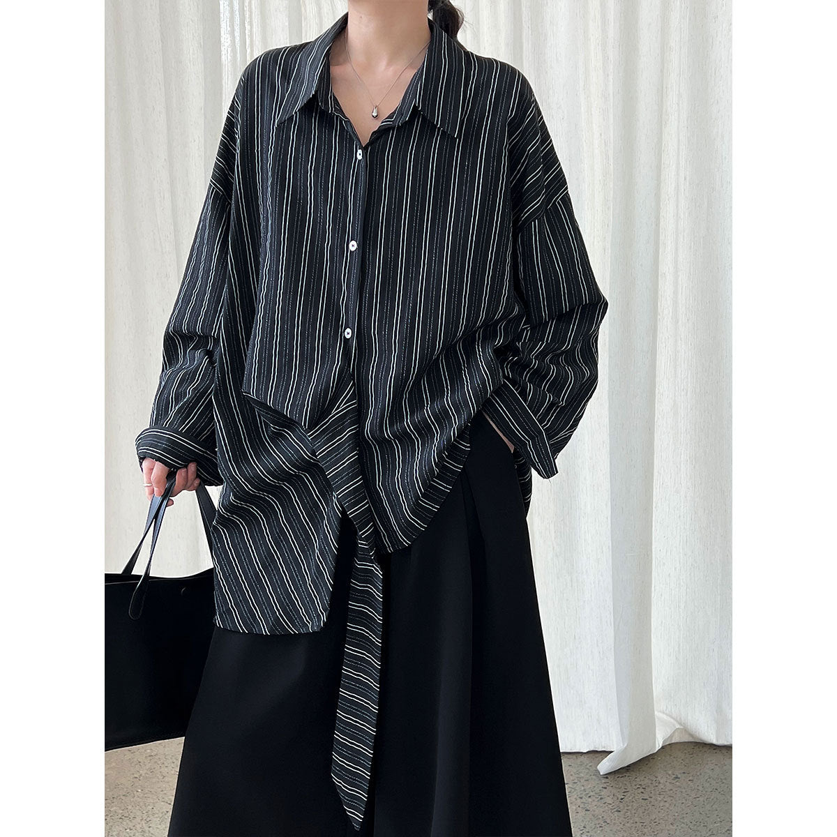 Niche texture striped strap waist shirt 25 autumn Korean irregular shirt