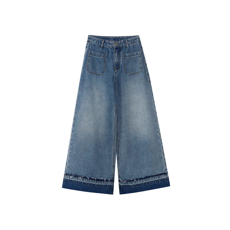 Washed light blue crimped woolen straight jeans