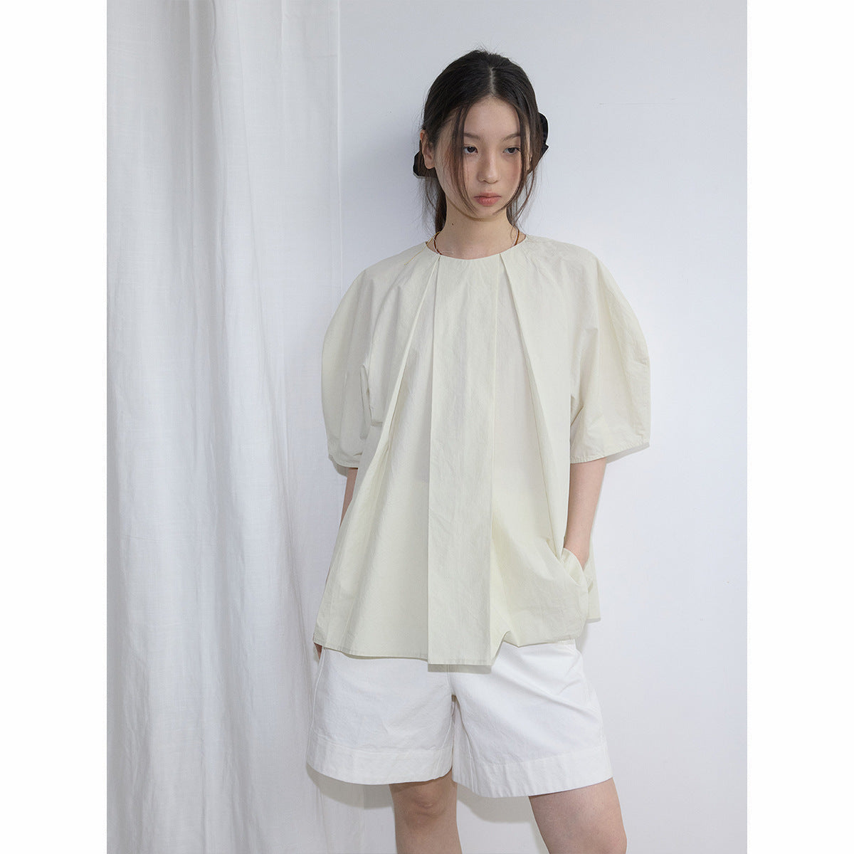 Spring new casual round neck simple and versatile solid color linen cotton bubble sleeve top