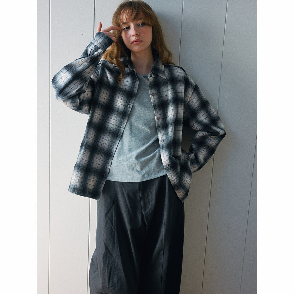 Autumn new casual lapel classic retro cotton versatile plaid medium and long shirt