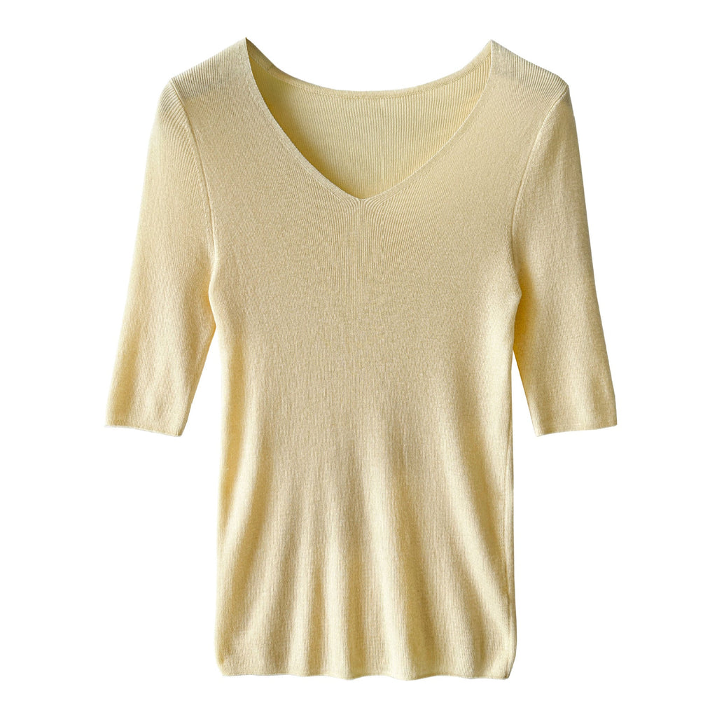 Soft and glutinous skin-friendly wool gentle style V-neck knitted sweater women's spring slim three-quarter sleeve T-shirt