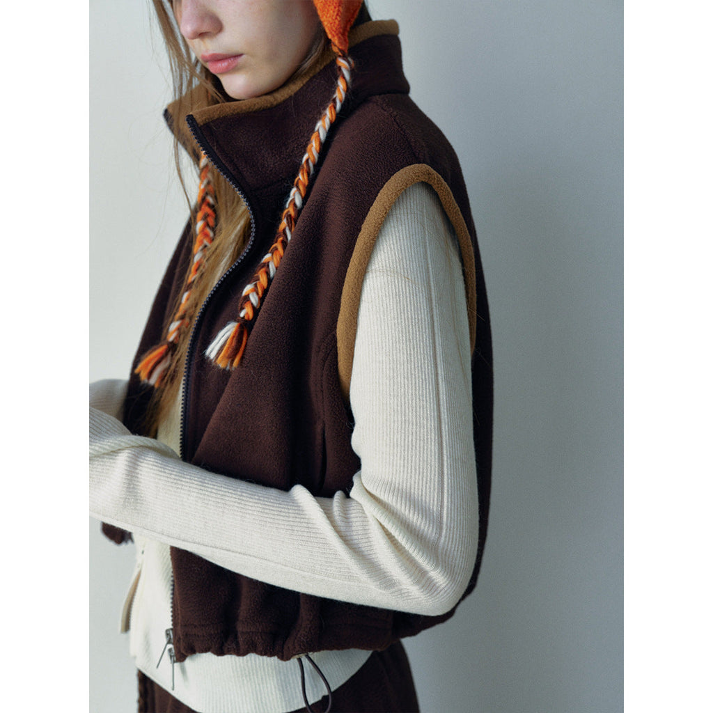 Winter new casual stand-up collar contrasting colors cute fleece zipper short small vest