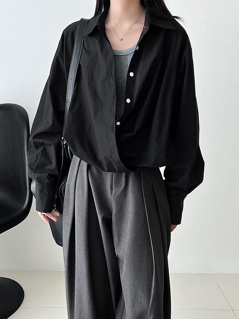 Korean high-texture large V-neck stacked shirt women's autumn lazy design hem waist shirt