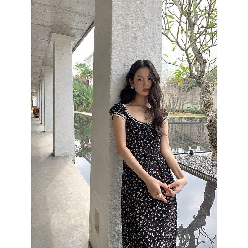 Summer retro Chinese temperament waist short-sleeved floral dress