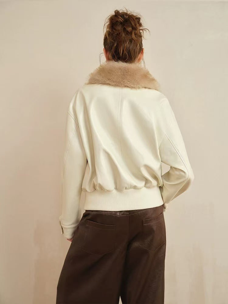 Winter "gilt white Tongqi" oil wax leather short white leather jacket with detachable fur collar jacket