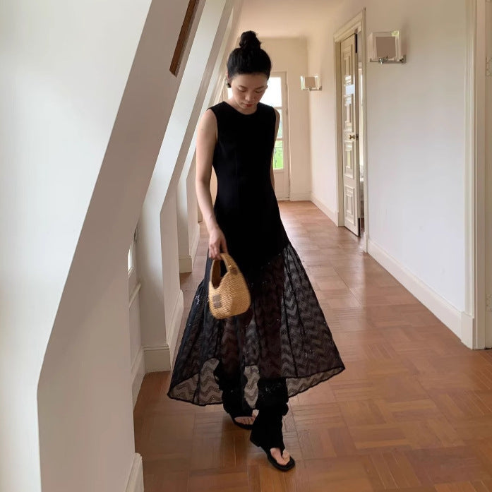 High Waist Lace Hem Fishtail Sleeveless Maxi Dress