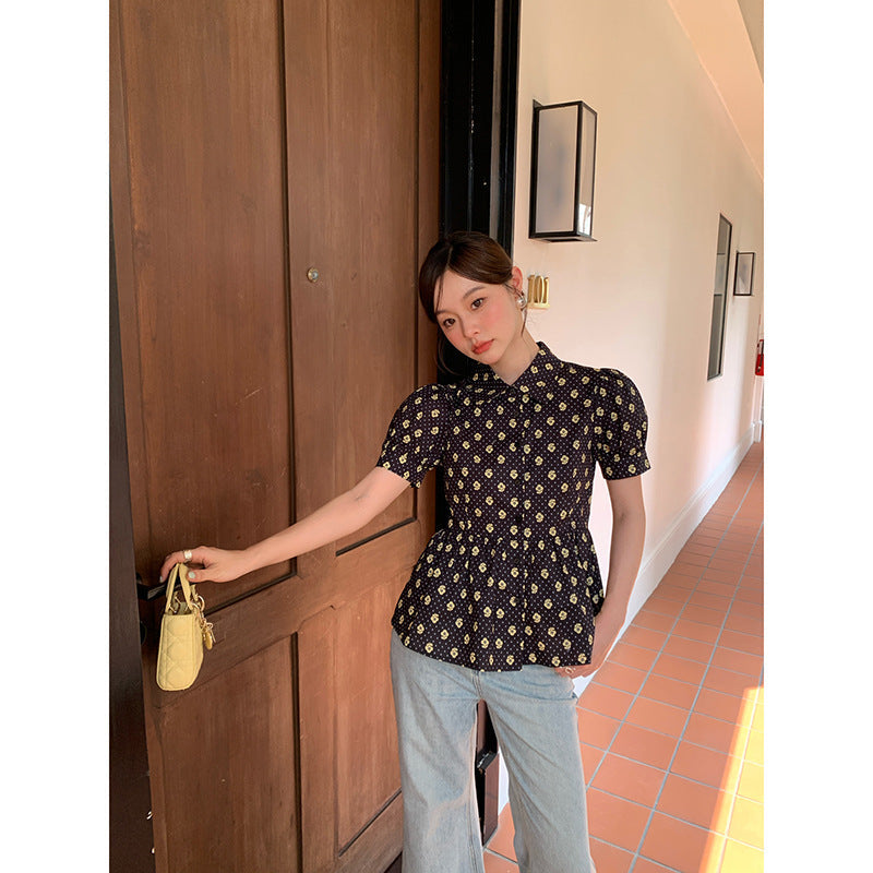 Floral Print Polo Collar Puff Sleeve Cotton Shirt