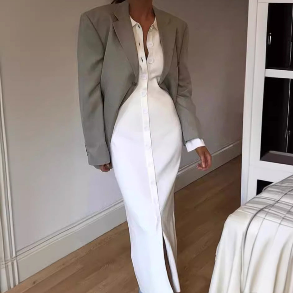 Shirt skirt lapel shirt long dress long sleeve waist temperament commuter cardigan skirt