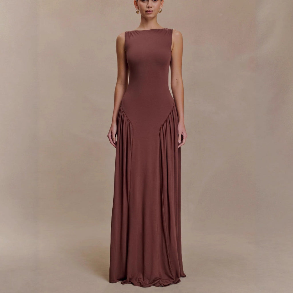 Fashion pleated hollow vest long dress slim-fitting backless sexy one-word neck dress