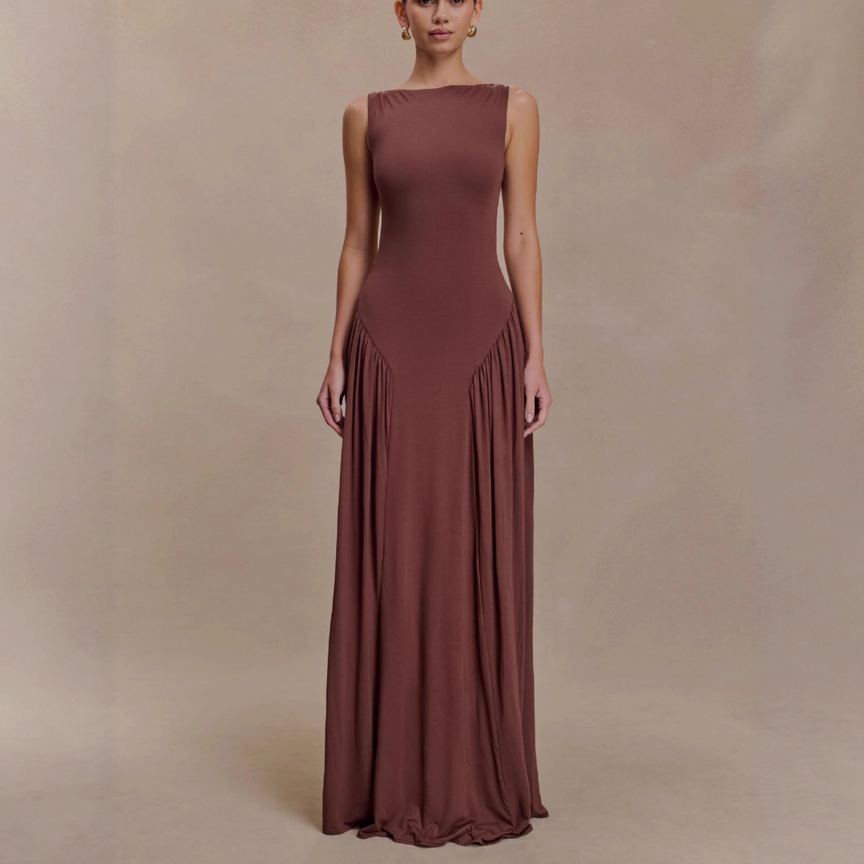 Fashion pleated hollow vest long dress slim-fitting backless sexy one-word neck dress