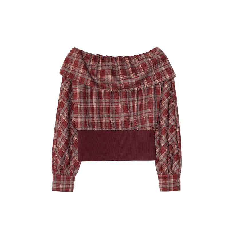 Threaded waist one-shoulder long-sleeved plaid shirt
