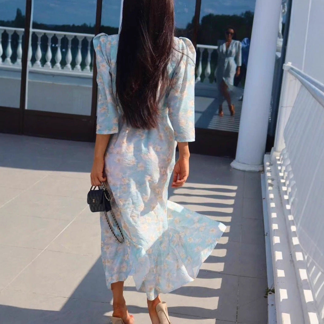 Sexy cardigan print skirt waist bubble sleeve split skirt fashion style dress