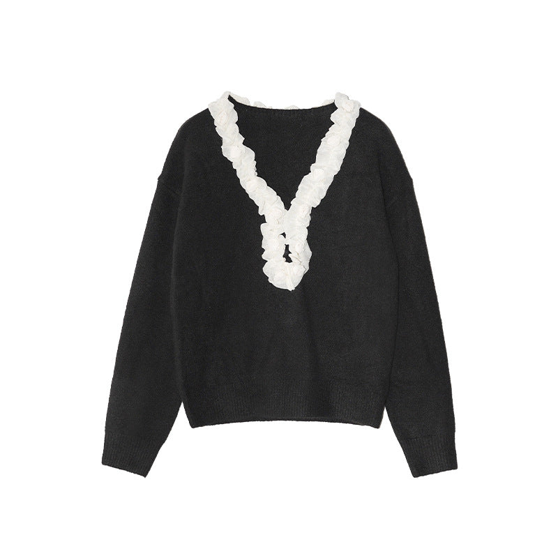 Sweet age-reducing V-neck loose sweater with fungus edge