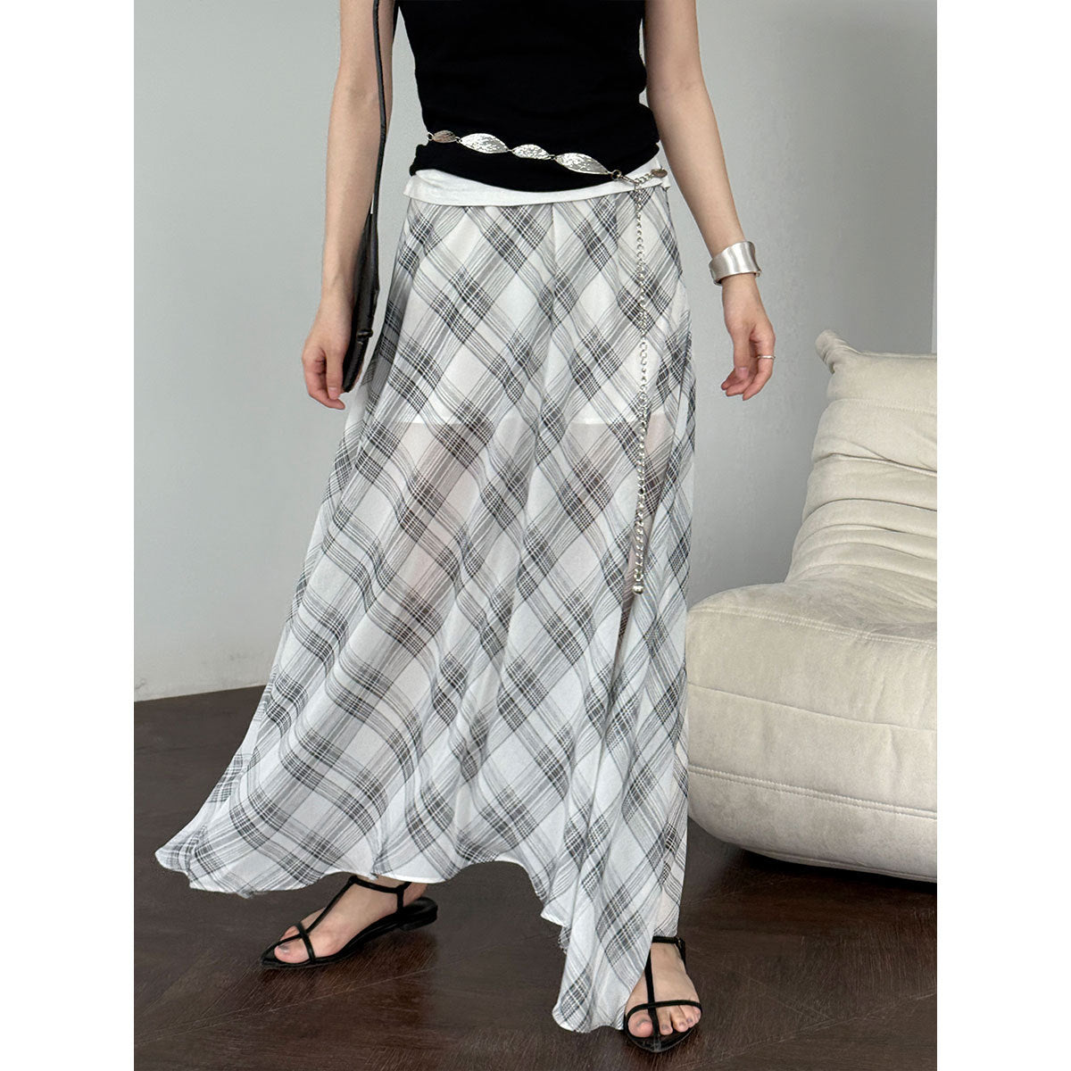 Korean simple plaid A-word skirt women's summer new tulle drape irregular skirt