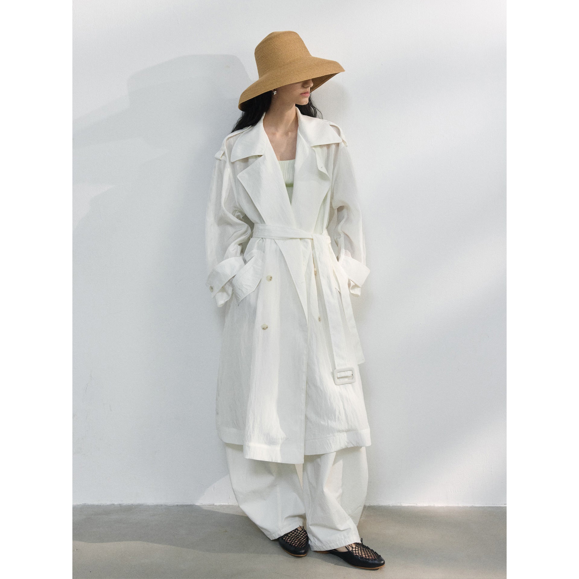 Spring new design double-breasted corner-cut sleeves satin lightweight trench coat