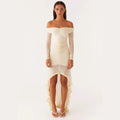 Fashion pleated irregular floor mopping dress sexy one-word shoulder dress