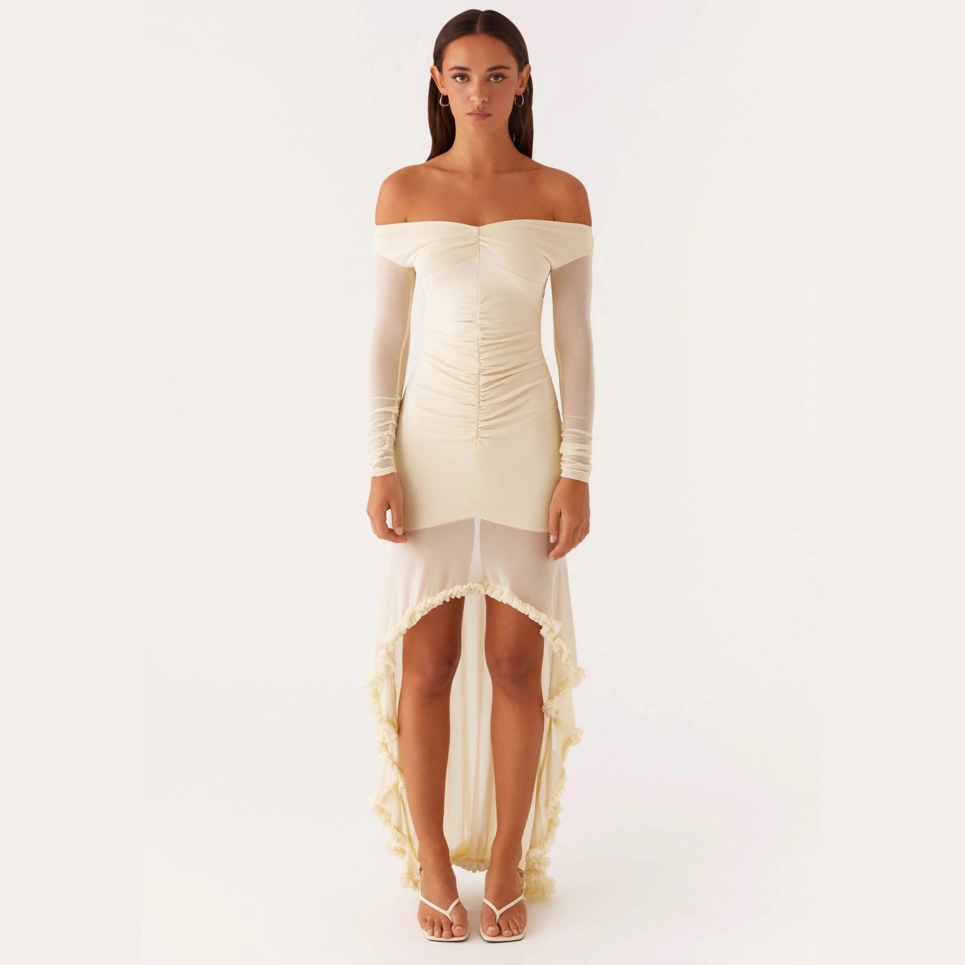 Fashion pleated irregular floor mopping dress sexy one-word shoulder dress