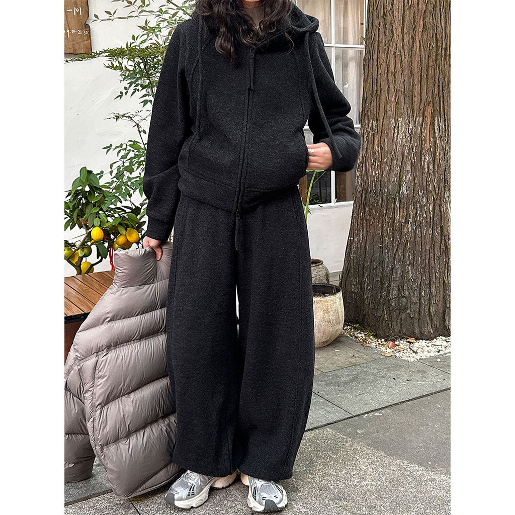 Wool fleece hooded double zipper sweater adjustable corset trousers temperament casual sports suit