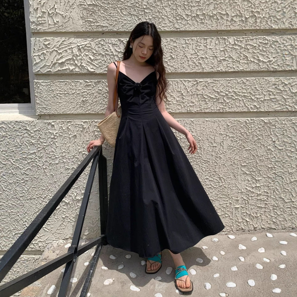 Hepburn Skinny French Dress V-Neck Suspender Waist Long Dress