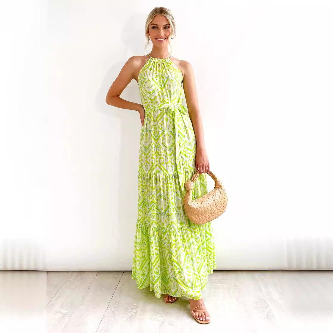 Summer new high-waisted vacation beach print neck dress
