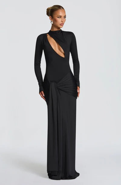 Sexy Spice Girl Hollow Long Sleeve Hip Wrap Dress Ribbon Autumn and Winter Dress
