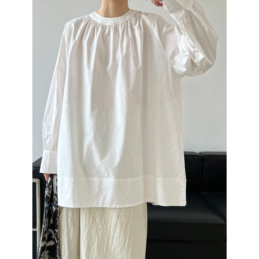 ins Korean loose and lazy basic round neck pleated shoulder sleeves medium and long sunscreen shirt