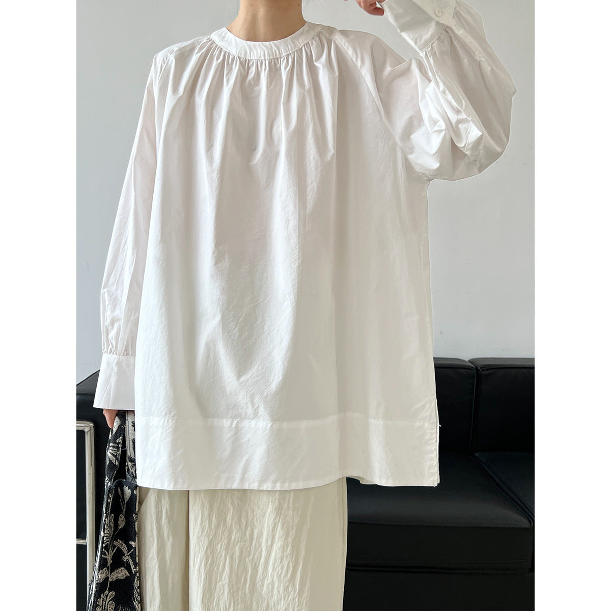 ins Korean loose and lazy basic round neck pleated shoulder sleeves medium and long sunscreen shirt