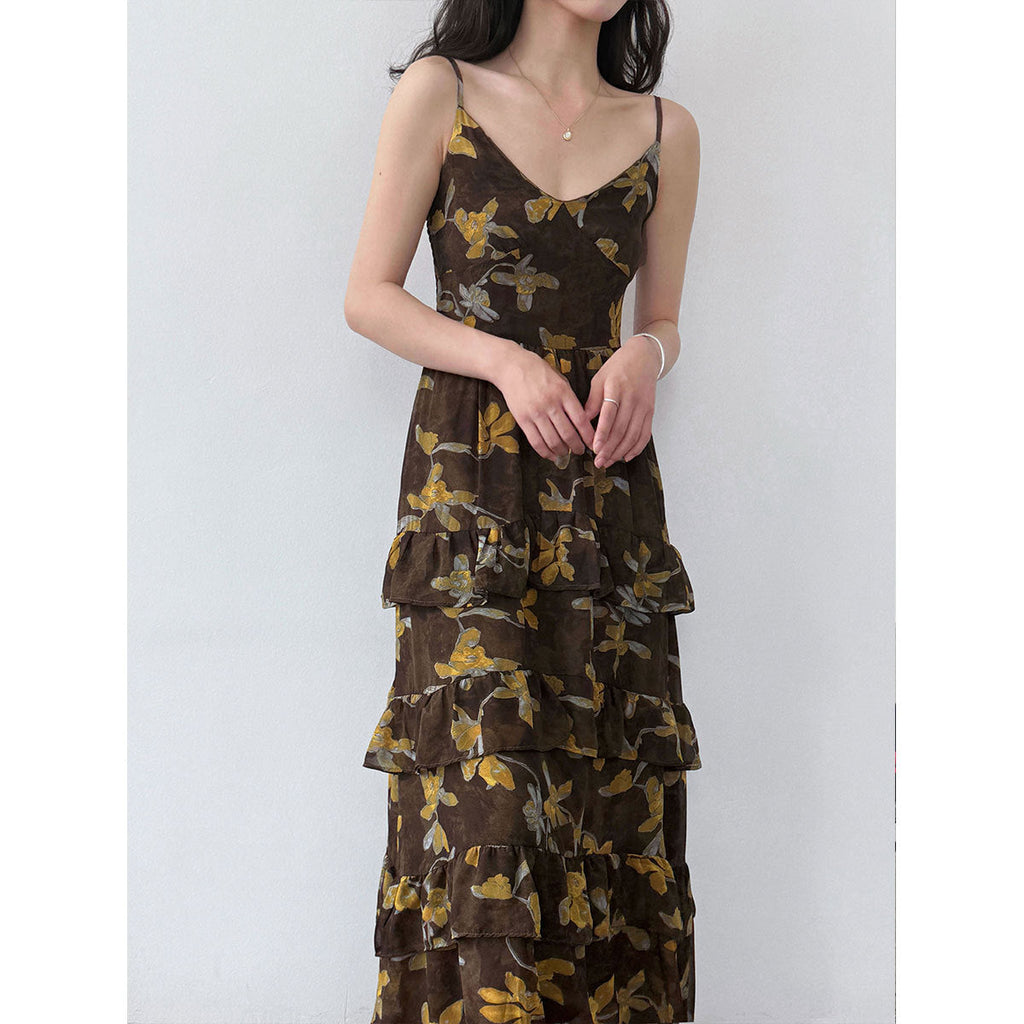 French elegant blended floral V-neck sundress women's summer new waist lace sundress