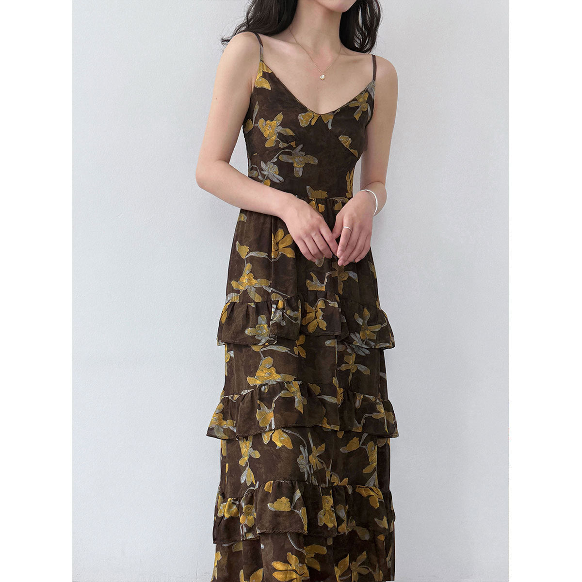 French elegant blended floral V-neck sundress women's summer new waist lace sundress