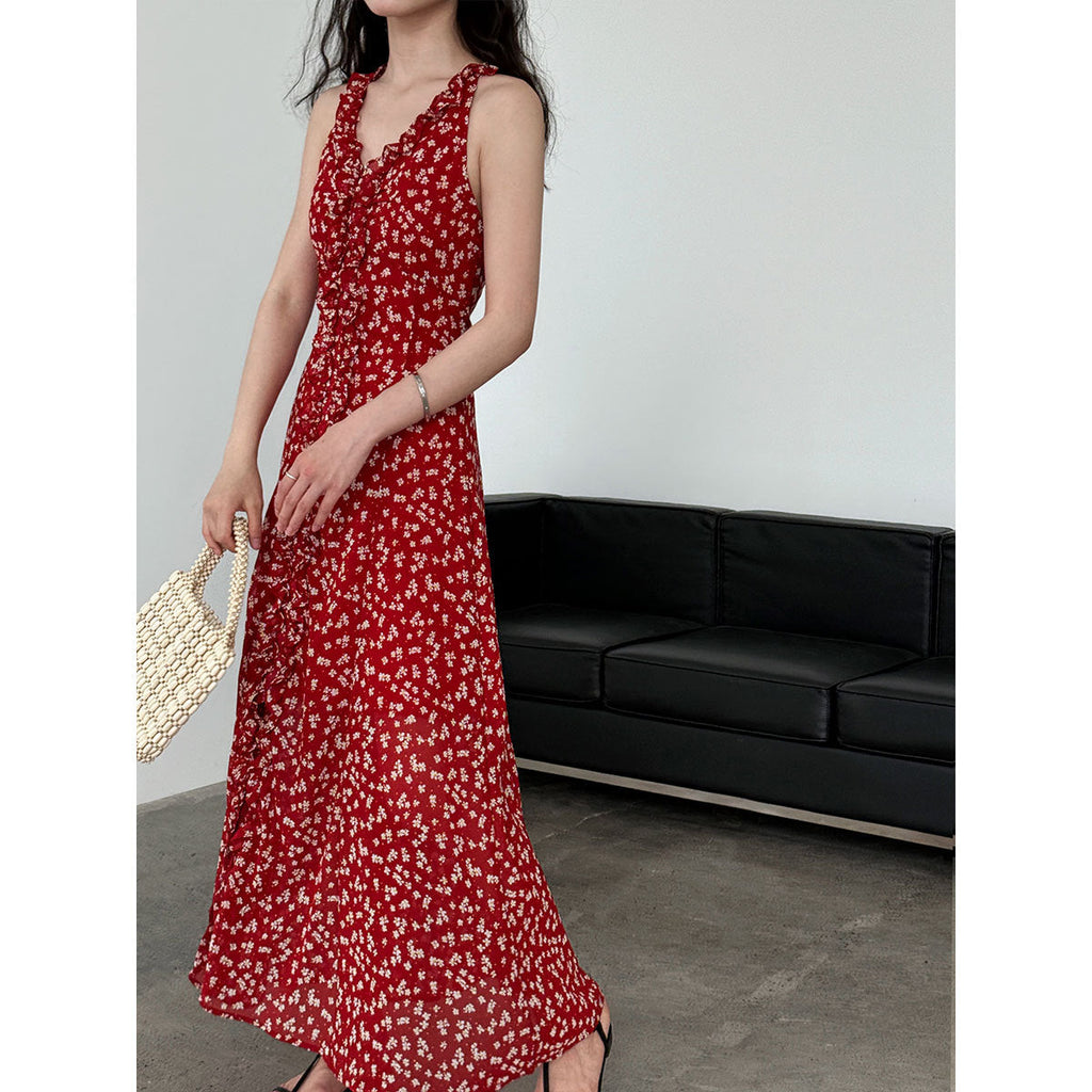 French floral seaside resort sundress summer new slimming V-neck lace halterneck dress