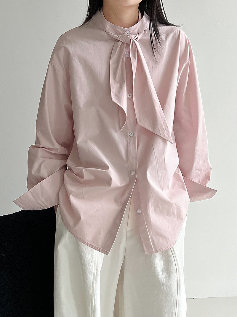 Korean design sense tie solid color shirt women's new temperament loose casual shirt