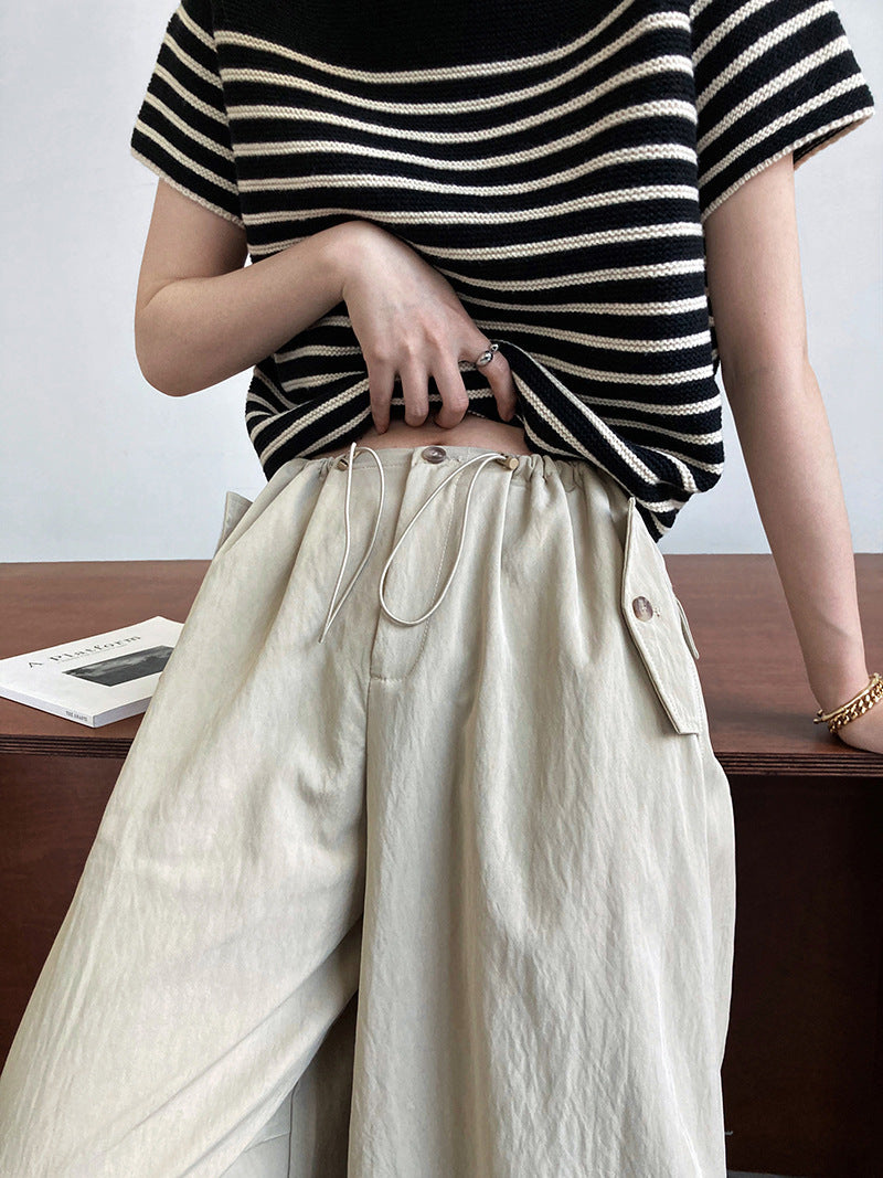 Japanese lazy slacks drawstring elastic high waist loose silhouette slimming workwear style wide-leg pants for women