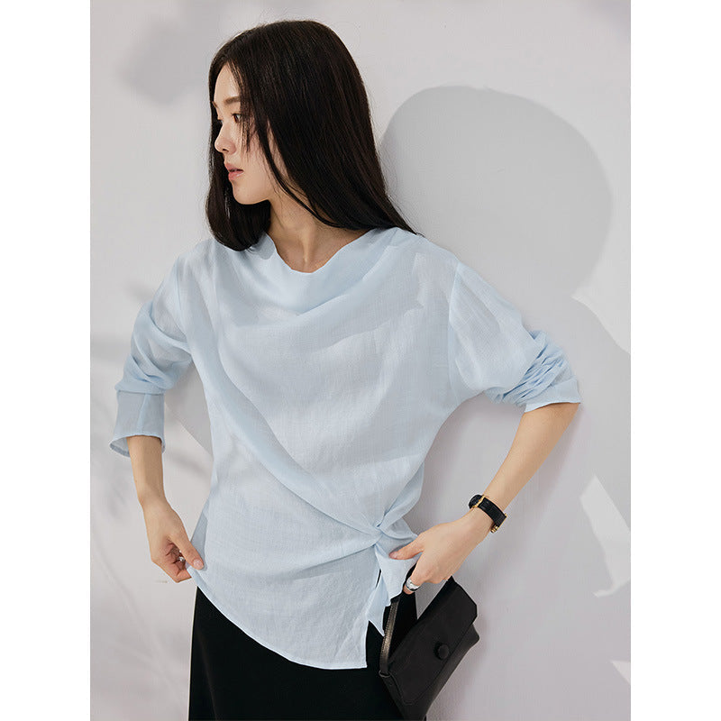 Swinging collar asymmetrical pleated lazy Tencel hemp shirt