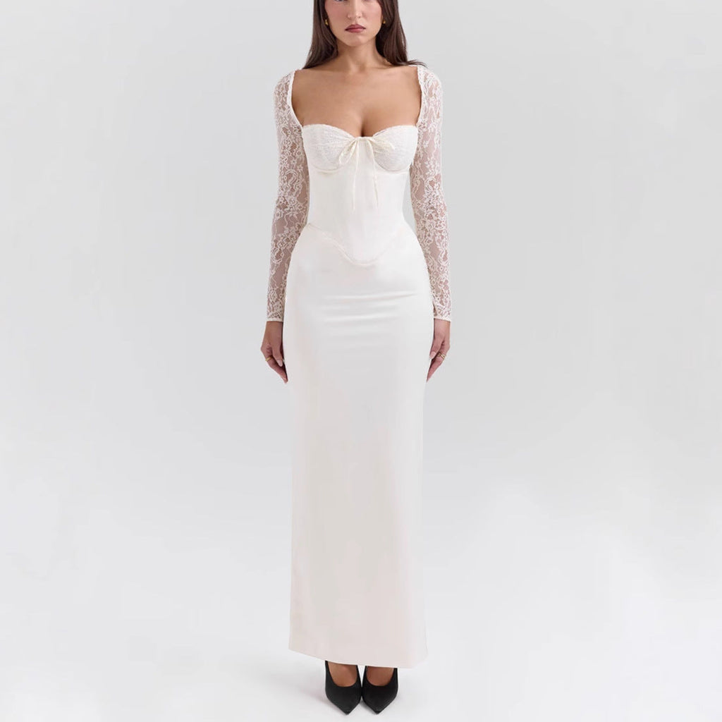 Long skirt with open back lace-up slit