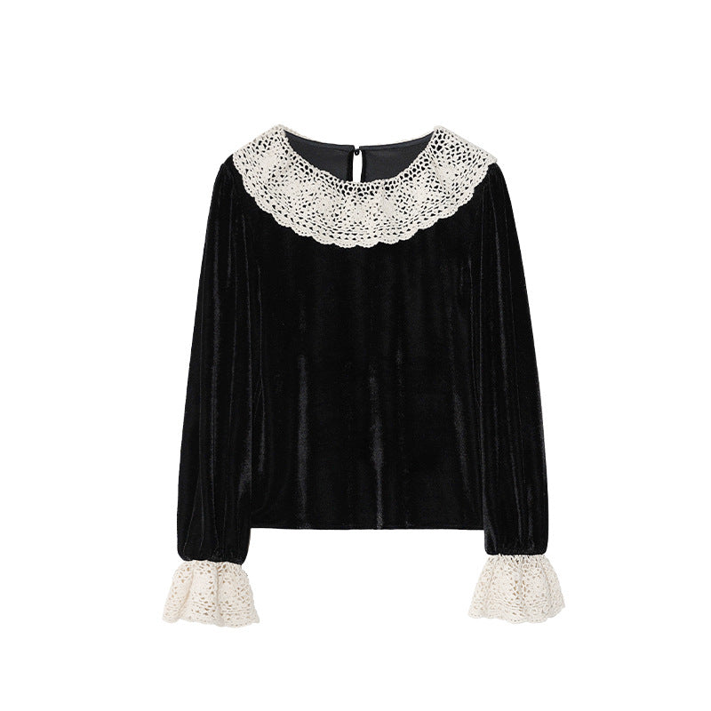 Gentle Wind Lace Splicing Long Sleeve Velvet Shirt