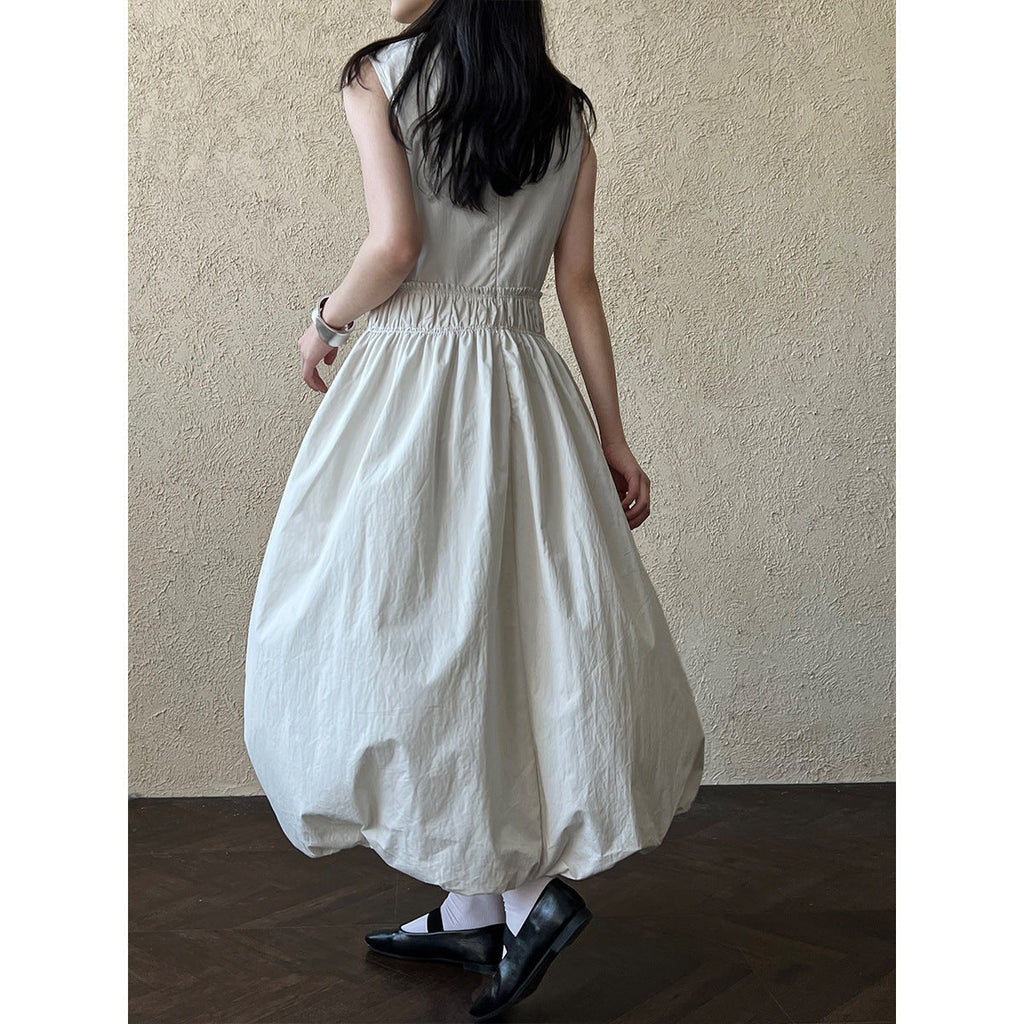 French design pleated splicing waist skirt spring and summer new fluffy bud vest dress