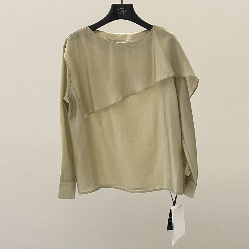 Minimalist spring asymmetrical loose-leaf shape Tencel micro-transparent shirt
