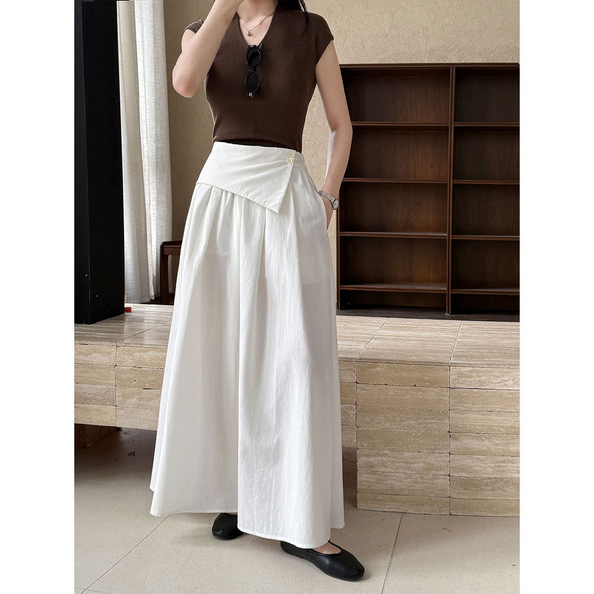 French design skirt autumn elastic waist irregular A-shaped skirt pleated long skirt