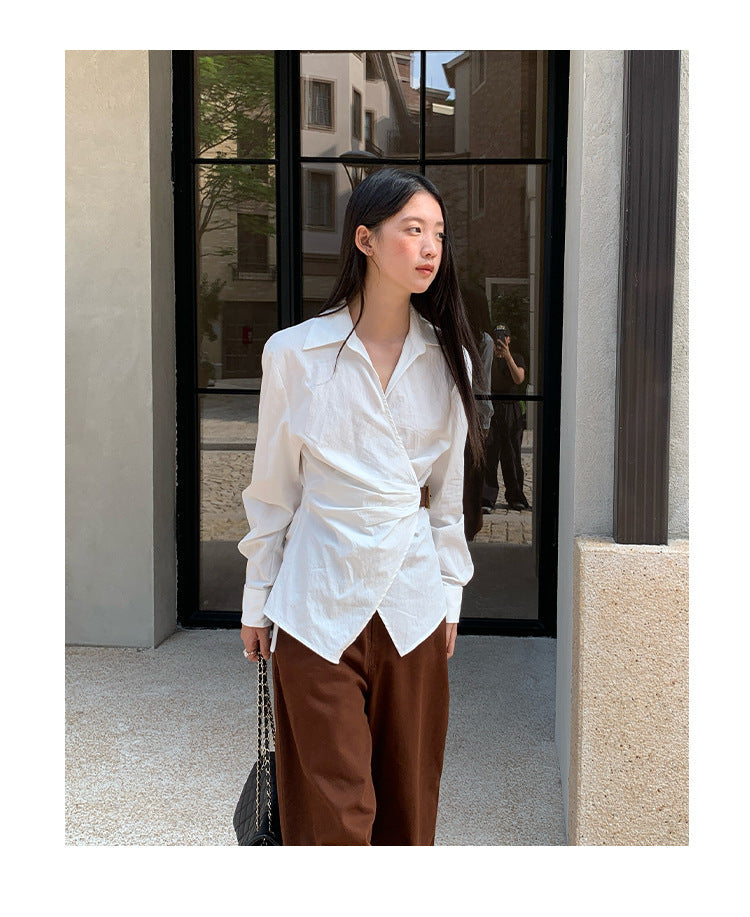 Temperament diagonal placket waist long-sleeved lapel shirt