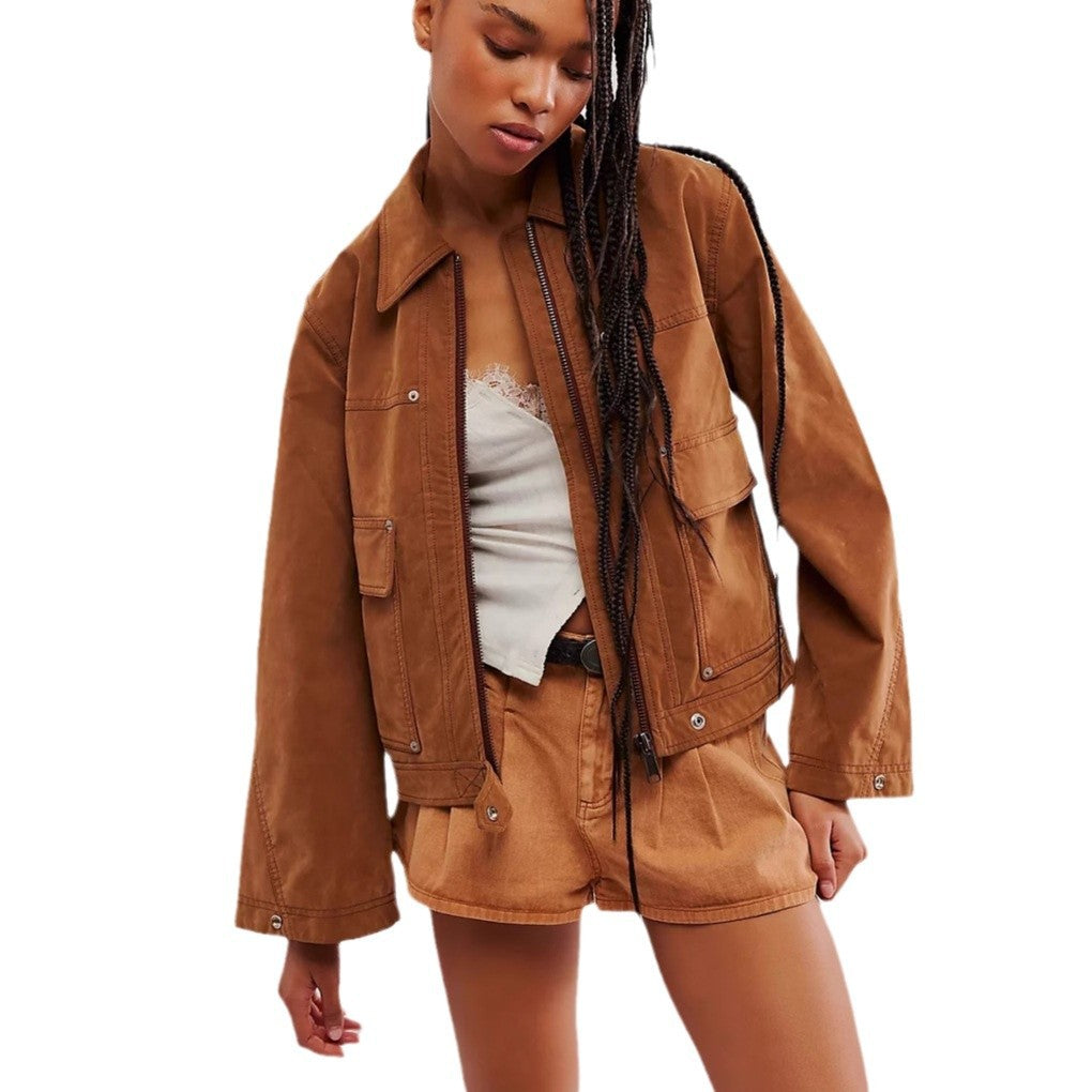New vacation style retro suede motorcycle style top lapel short jacket jacket women