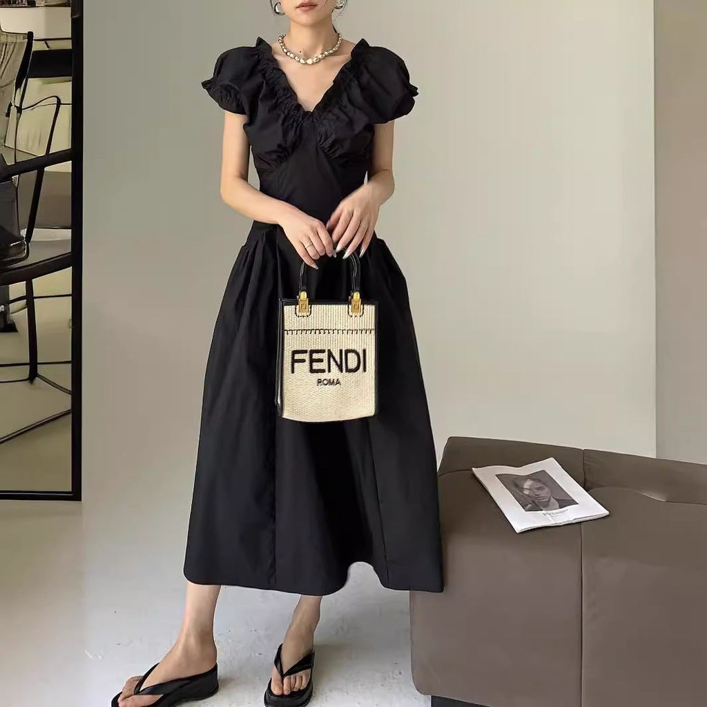 Summer coffee break French v-neck bubble sleeve dress women's summer high-end waist niche a-word long dress