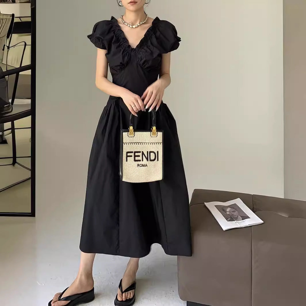 Summer coffee break French v-neck bubble sleeve dress women's summer high-end waist niche a-word long dress