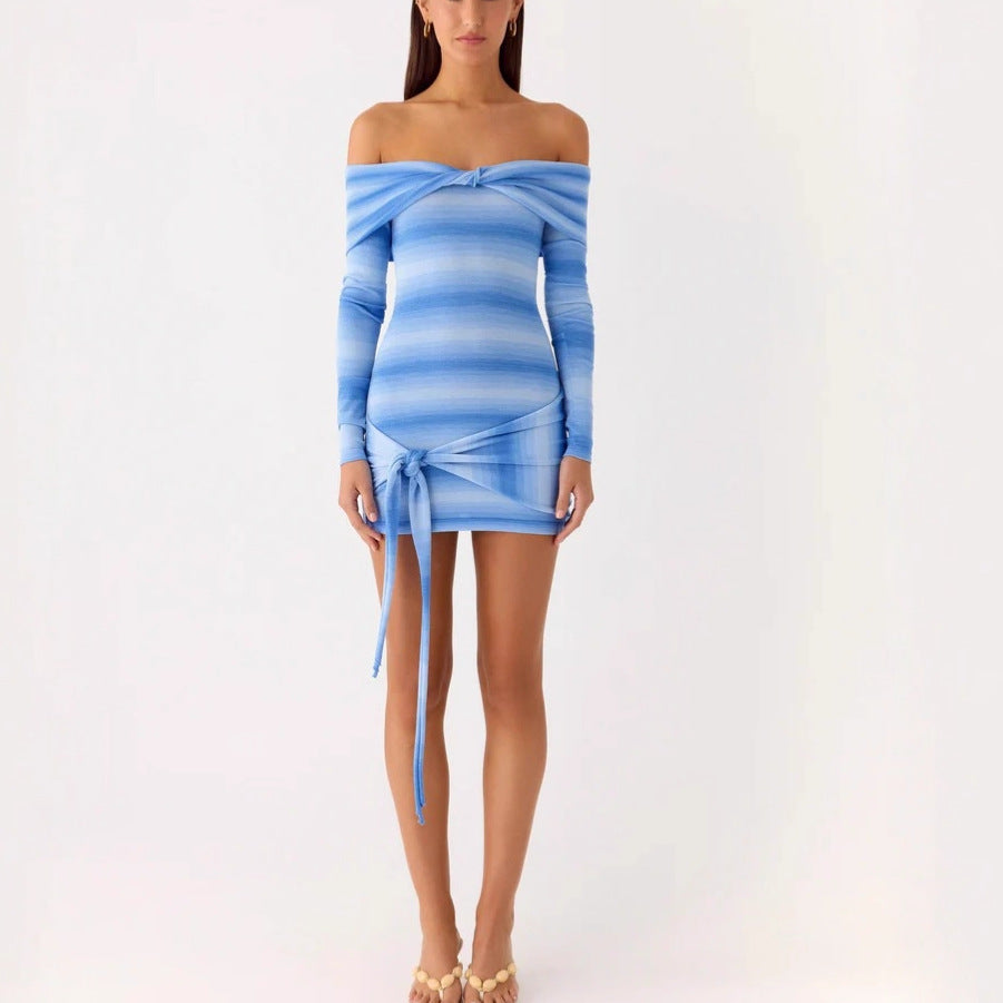 Autumn and winter striped long-sleeved knitted hip-wrapped short skirt slim-fitting sexy one-word shoulder dress