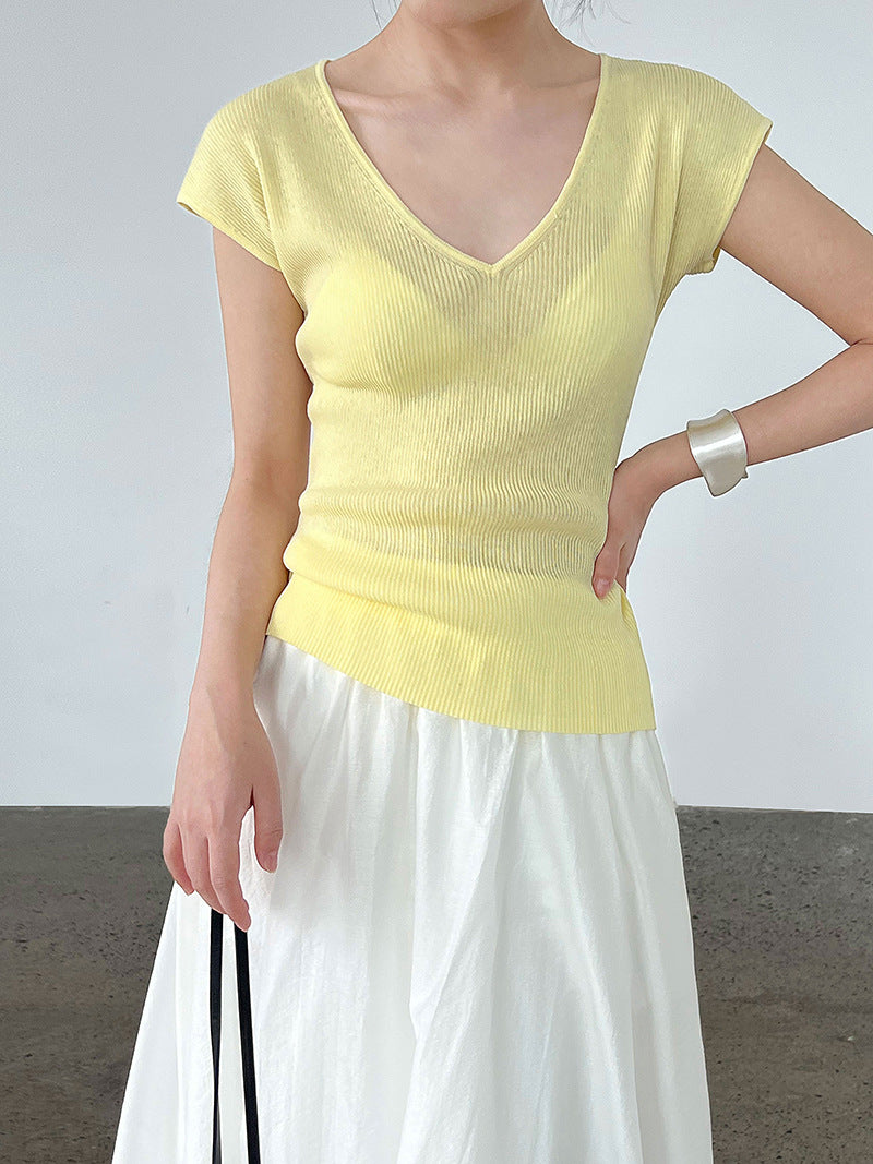 French V-neck knitted short-sleeved T women's summer new basic commuter versatile slim stretch top