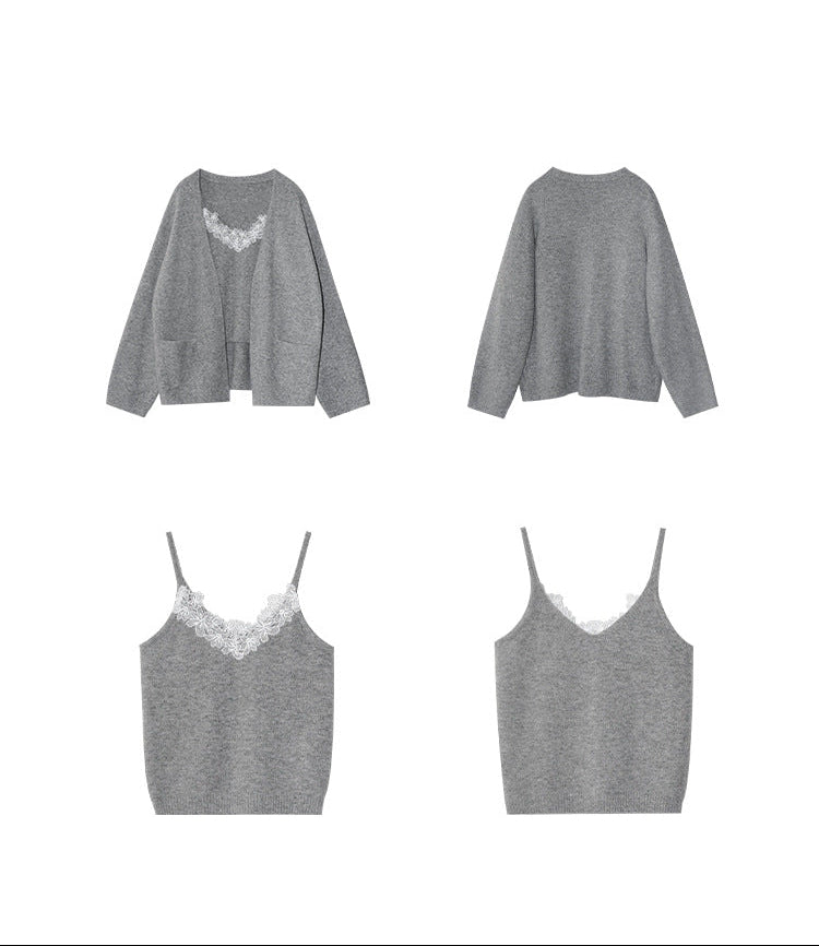 Lazy and gentle two-piece lace vest knitted sweater set