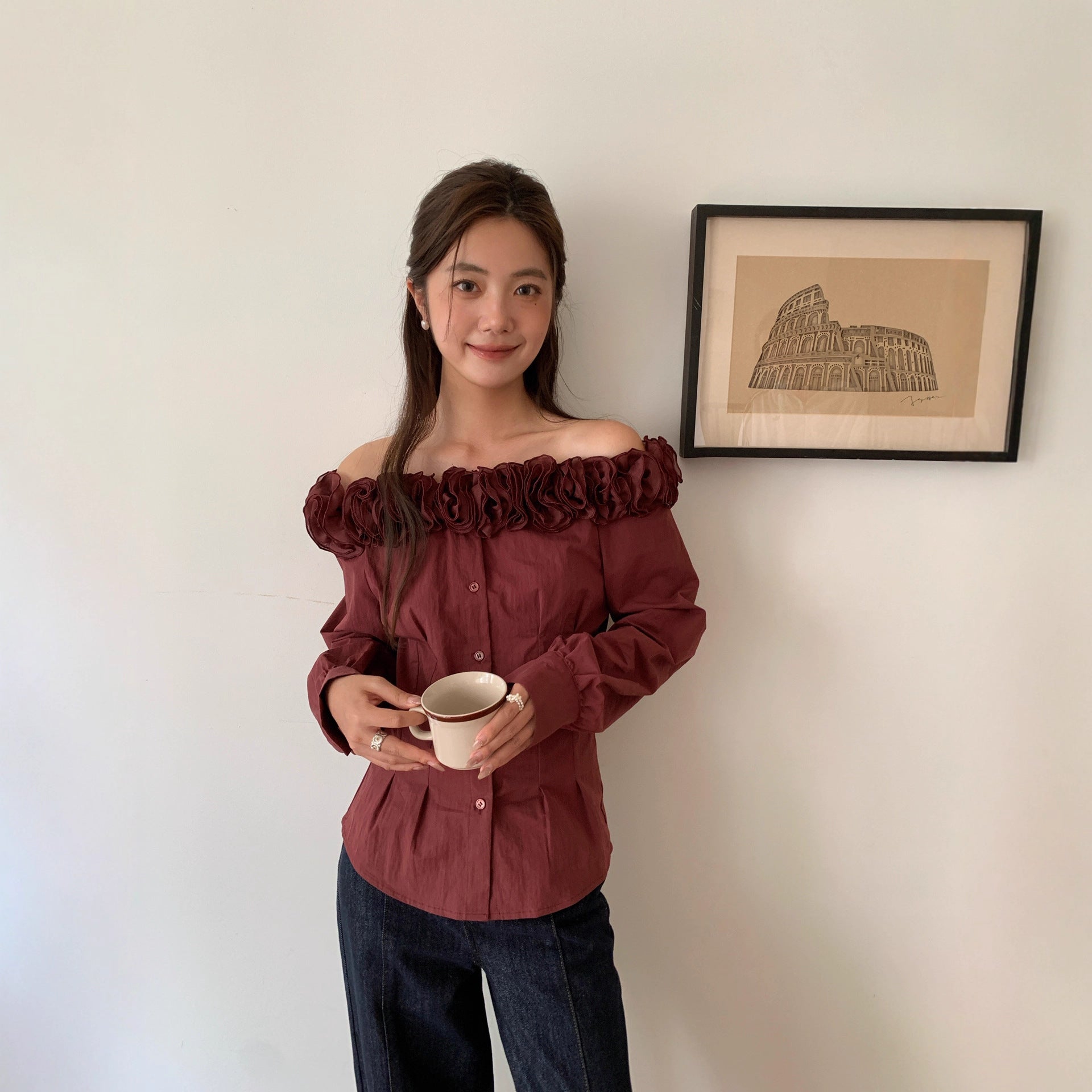 Heavy Industry Flower Pinch Pleated Waist Shoulder Shirt Women