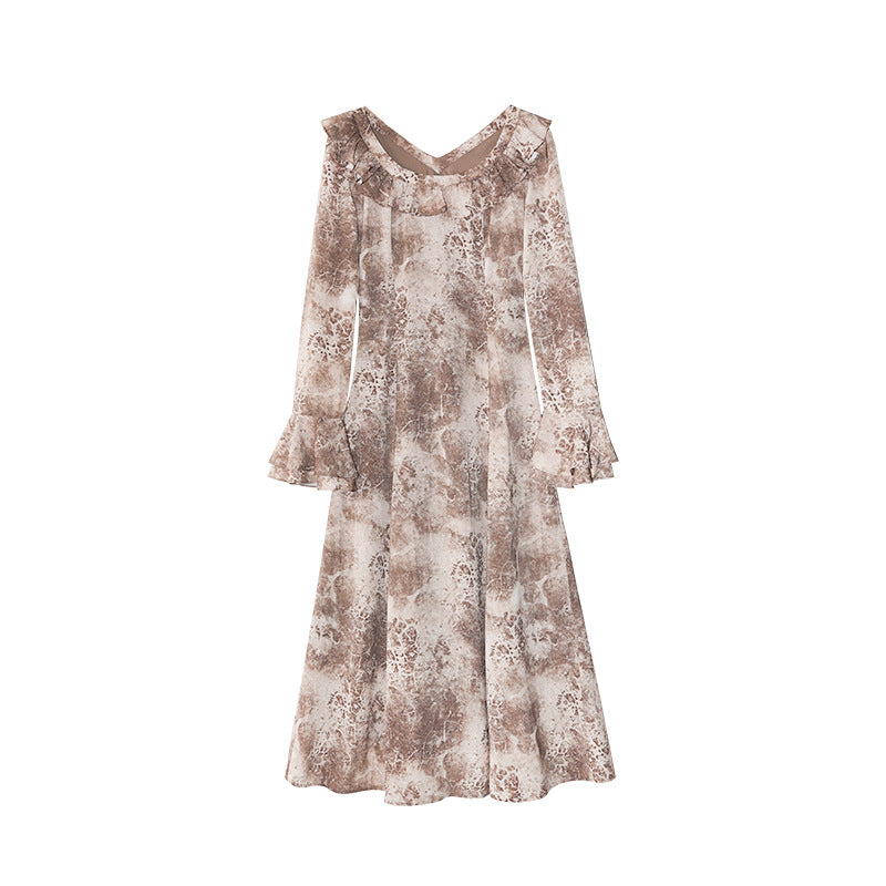 Women's Floral Print Ruffle Collar Flared Sleeve High-Waist Maxi Dress
