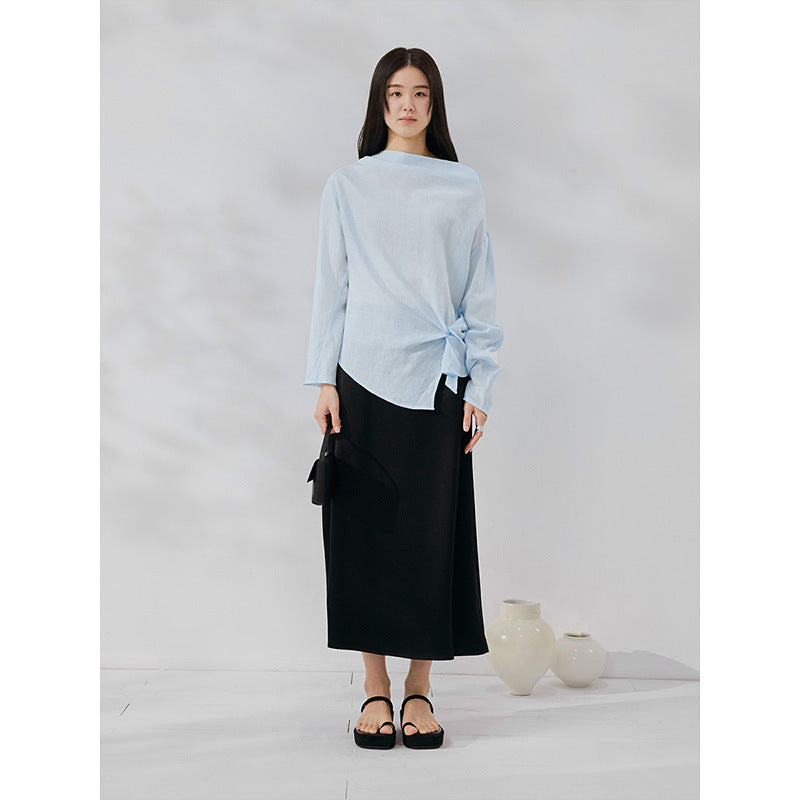 Swinging collar asymmetrical pleated lazy Tencel hemp shirt