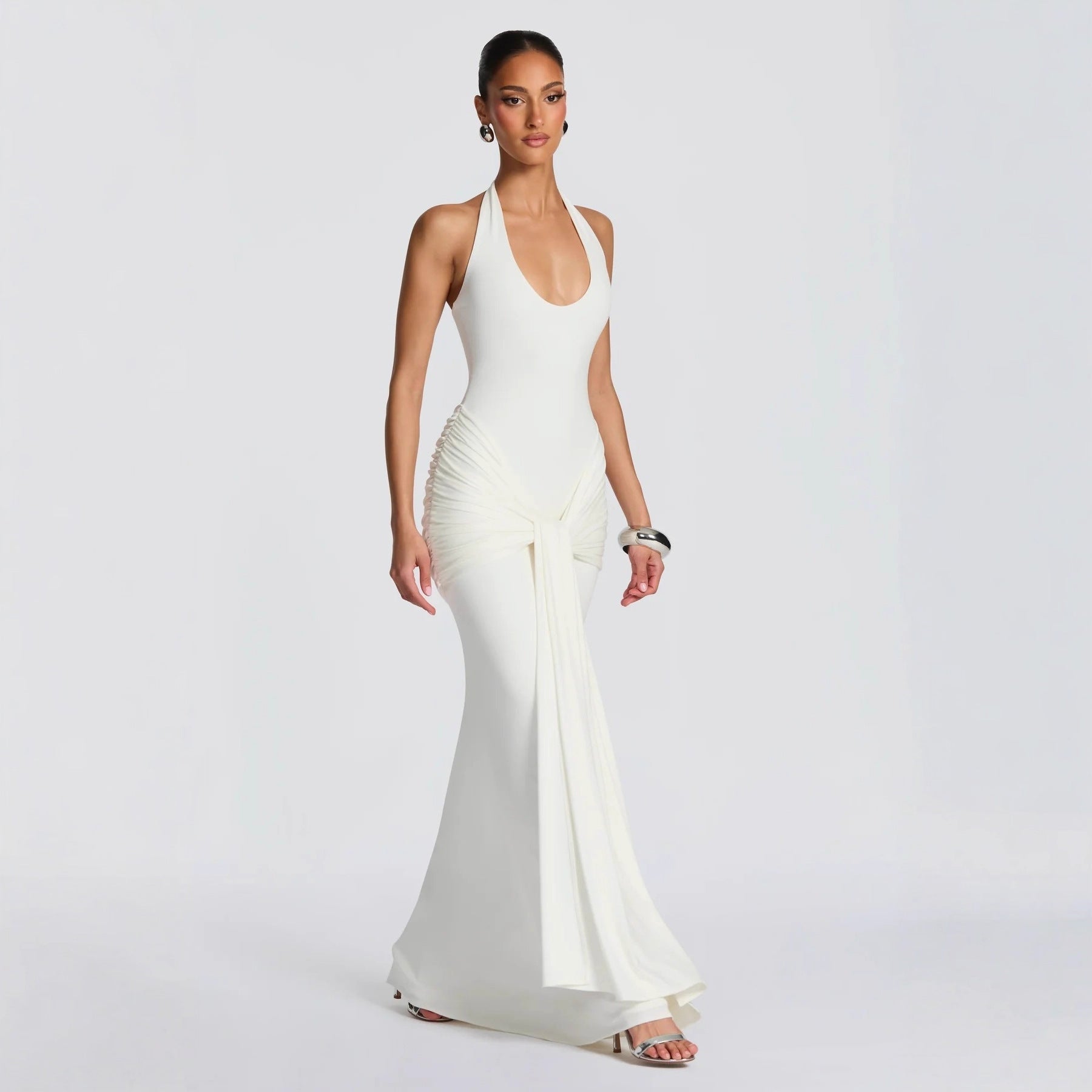 New fashion streamer splicing suspender long dress slim-fitting hip-wrapped European and American style neck dress dress